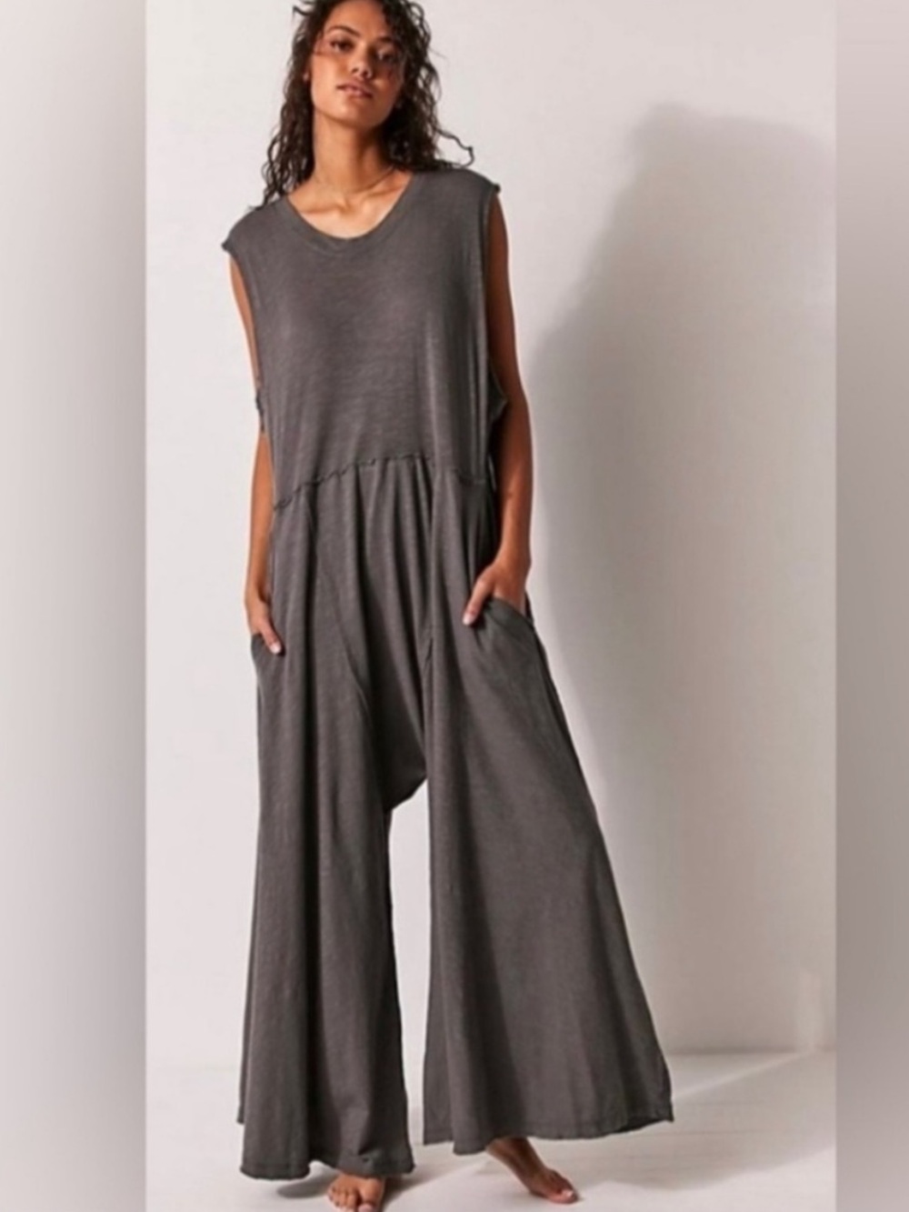 Free People Homebody Romper Gray Harem Wide Leg Jumpsuit Size M-XL